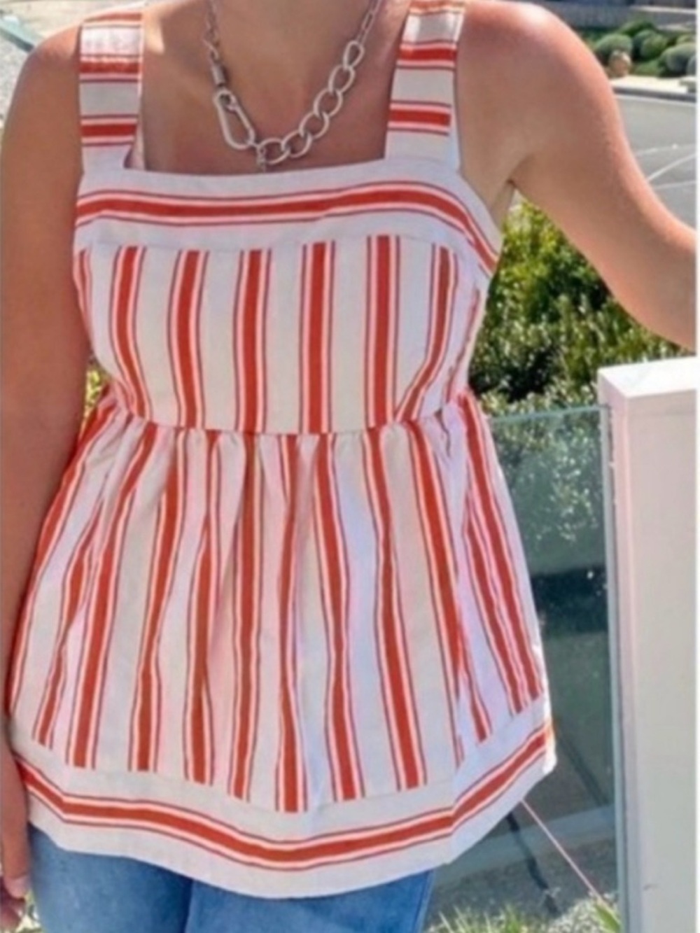CABI Sleeveless Orange and White Striped Peplum Top